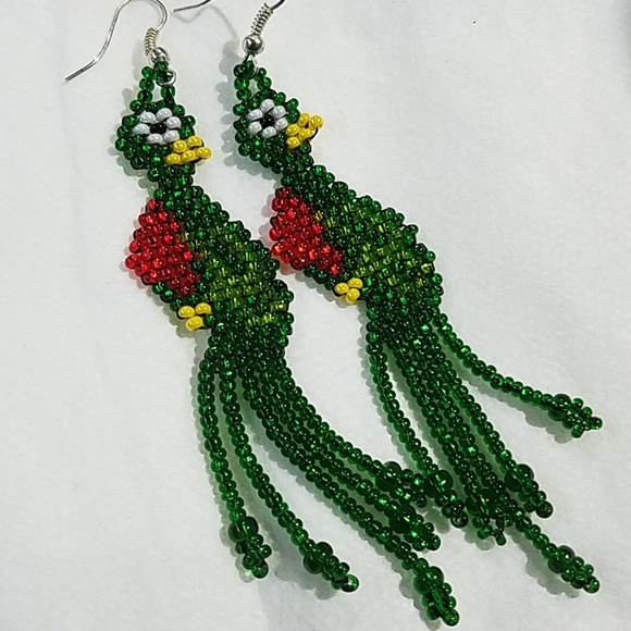 Jewelry - Green red beaded Guatemala quetzal bird earrings